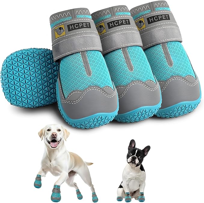 Hcpet Dog Shoes for Large Dogs, Breathable Dog Booties for Small Medium Dogs, Anti-Slip Dog Boots & Paw Protectors for Hot Pavement Winter Snow Hiking with Reflective Straps Blue Size 1