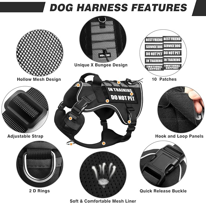 WINSEE Service Dog in Training Mesh Harness with 10 Pet Patches, Soft Air Mesh Breathable Tactical Dog Molle Vest, Reflective Military Pet Vest for Walking Hiking for Small Dogs