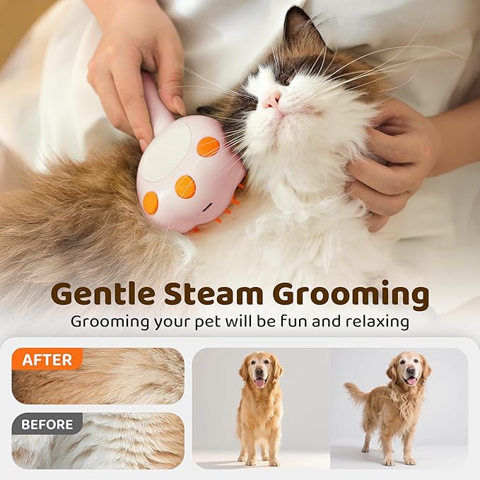 Steam Cat Brush, 6-in-1 Dog Brush Spritz Defur Comb, Steamy Skin Friendly Deshedding Grooming Tool, Suitable for Shedding & Haired Pets, Pet Supplies Accessories,Pink