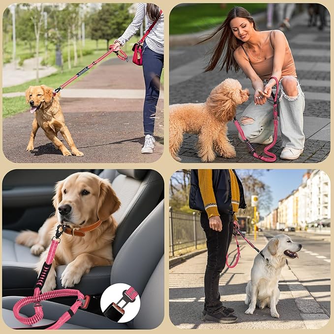 Heavy Duty Tactical Bungee Dog Leashes, 4-6FT Shock Absorbing Tactical Dog Leash with 2 Padded Handles, Metal Carabiner Clip,Car Seatbelt, Reflective Dog Leash for Medium Large Dogs (Pink)