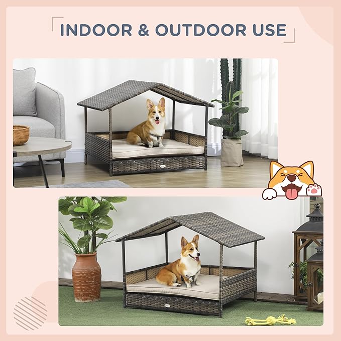 PawHut Wicker Dog House Outdoor with Canopy, Rattan Dog Bed with Water-Resistant Cushion, Raised Dog Bed for Small, Medium Dogs up to 66 lbs, 19.75" in Length, Brown Wicker, Khaki Cushion