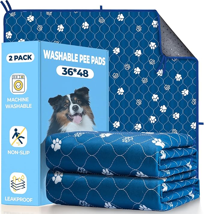 Fostanfly Washable Pee Pads for Dogs, 2 Pack Large 36"x48" Ultra-Absorbent and Leak-Proof Non-Slip Reusable Potty Training Pads for Dogs, Puppy & Cats of Add 8 Lanyards-Blue