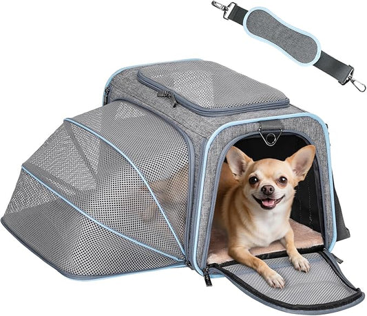 Petsfit Expandable Cat Carrier Dog Carriers,Airline Approved Soft-Sided Portable Pet Travel Washable Carrier for Kittens,Puppies,Removable Soft Plush mat and Pockets,Locking Safety Zippers
