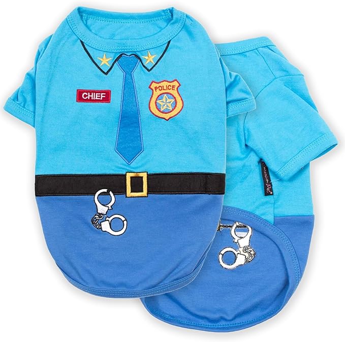 Parisian Pet Embroidered Dog Police Costume - 100% Cotton and Polyester Pet Clothes - Sleeved Cop Costume for Small Blue Dogs