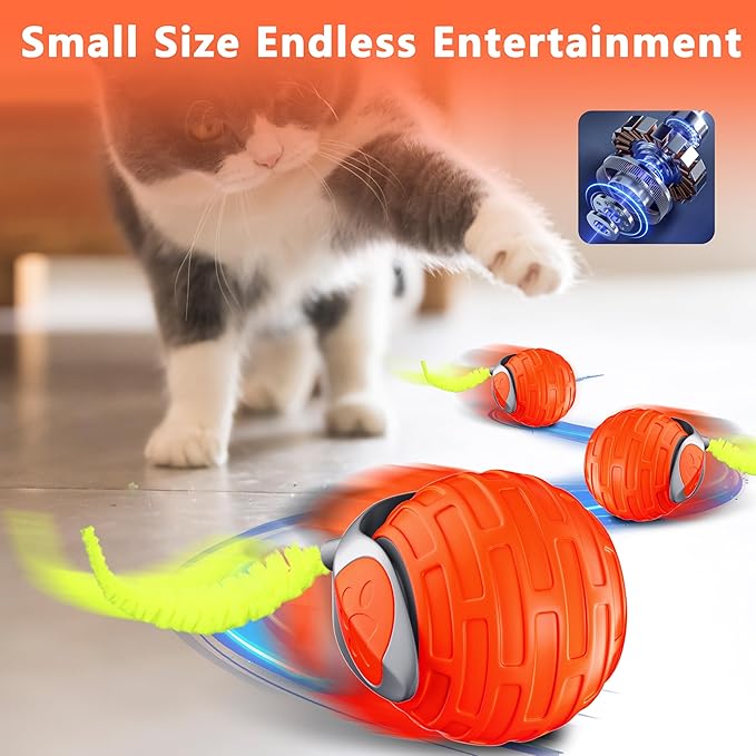 Cat Toys,Interactive Cat Toys Ball for Bored Indoor Cat,Automatic Rolling,Drop Resistant and Obstacle Avoidance,2 Modes Adjustment,Fluffy Tail and USB Type-C Rechargeable（Orange）