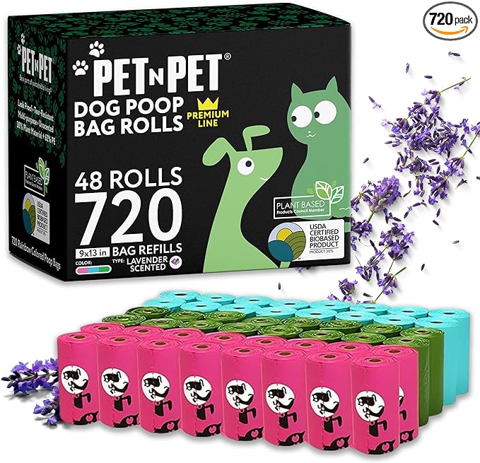 Pet N Pet 720 Counts Lavender Scented, Colorful Poop Bags for Dogs, 38% Plant Based & 62% PE Dog Poop Bags Rolls, Extra Thick Dog Waste Bag, Doggy Bag