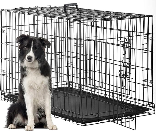 FDW Dog Crate for Large Dogs 48 Inch Folding Metal WirePet Cage Double Door W/Divider Panel Indoor Outdoor Kennel Leak-Proof Plastic Tray,Black