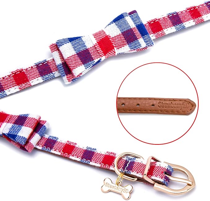 Puppy Collars for Small Dogs - StrawberryEC Adjustable Puppy Id Buckle Collar Leather. Cute Plaid Bowtie Blue Dog Collar (Bow-Blue-Grid)