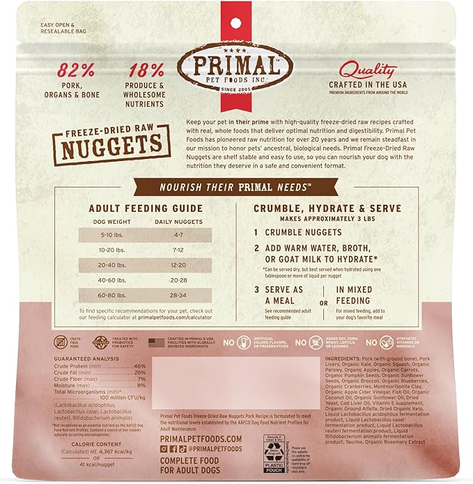 Primal Freeze Dried Raw Dog Food Nuggets, Pork, Complete & Balanced Meal, Also Use as Topper or Treat, Premium, Healthy, Grain Free, High Protein Raw Dog Food, 14 oz (Pack of 2)