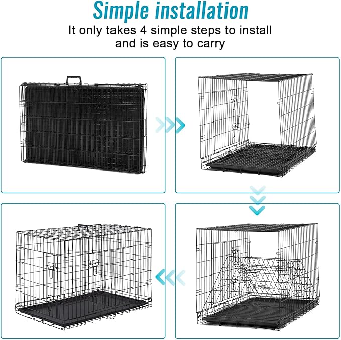 FDW Dog Crate for Small Dogs 24 Inch Folding Metal WirePet Cage Double Door W/Divider Panel Indoor Outdoor Kennel Leak-Proof Plastic Tray,Black