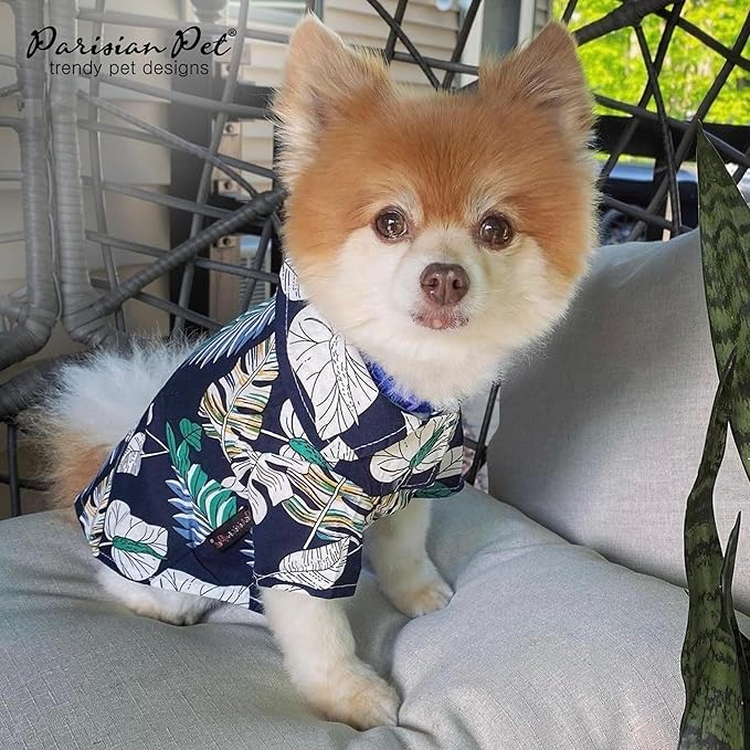 Parisian Pet Palm Leaves Dog Shirt - 100%Cotton Summer Clothes - Stylish Beach Outfit - Hook and Loop Closure - Machine Washable - 2XL