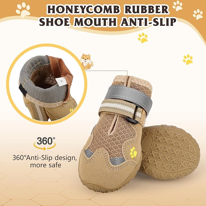 Dog Shoes, FISHOAKY Dog Shoes for Large Dogs, Mesh Breathable Dog Boots & Paw Protectors for Summer Hot Pavement Winter Snowy, 360°Anti Slip 4Pcs Dog Booties with Reflective Khaki (Size 4)