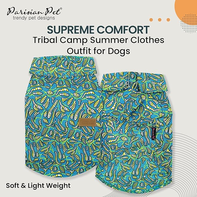 Parisian Pet Shirt - Tribal Camp Beach Outfit - 100% Cotton Summer Clothes - Stylish Dog Costume - Breathable Cool Pet Clothing - Machine Washable Shirts for Large Dogs - L