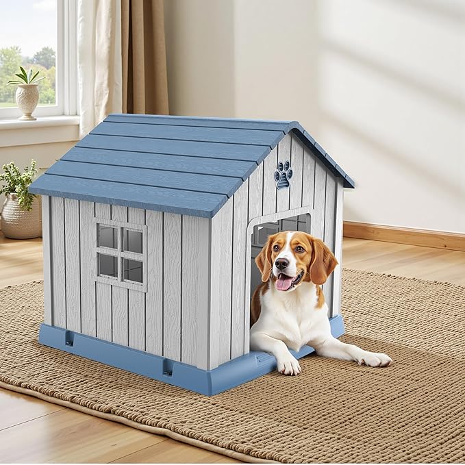 Vixzen 32in Large Outdoor Dog House,Durable Water Resistant Resin Dog House,Doghouse for Small to Large Dogs Indoor or Outside,with Air Vent and Elevated Floor,Blue