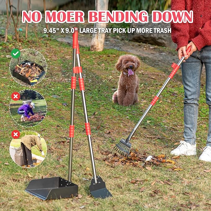 Dog Pooper Scooper Set, Pooper Scooper for Dog, Heavy Duty Stainless Steel Rake with Extra Large Tray & Spade No Bending Clean Up for Pet Waste Removal, for Grass, Dirt Or Gravel.