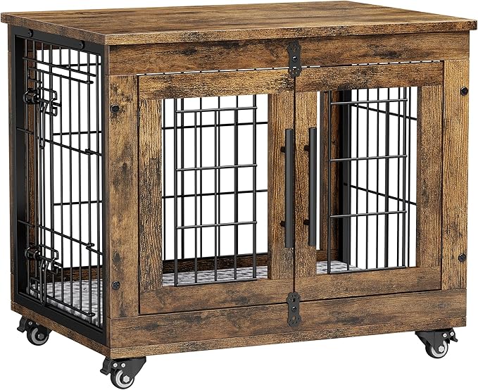 Lulive Small Dog Crate Furniture, Dog Kennel Indoor Double Doors Wooden Dog Cage, 27.1'' Heavy Duty Dog Crate with Cushion & Wheels, Decorative End Table Pet House Chew-Resistant for Small Dogs, Brown
