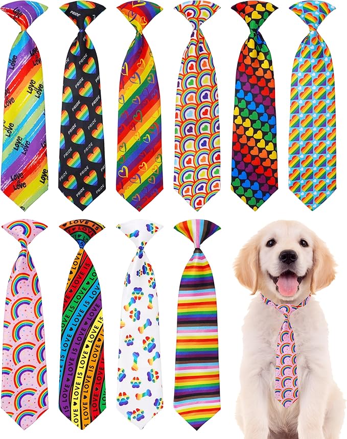 PET SHOW 10 Pack Pride Month Dog Ties Neckties for Large Medium Dogs Rainbow Neck Ties Bowties Girl Boy Pets LGBT Costumes Dog Adjustable Holiday Grooming Accessories Wedding Party Gift Favor