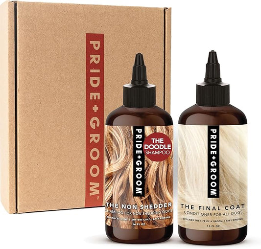 Pride and Groom The Non Shedder Box Set – Dog Shampoo & Conditioner with All Natural Blend of Essential Oils & Ingredients to Heal and Nourish for Long Lasting Shine & Manageability – 32oz