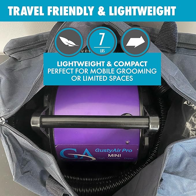 GustyAir Mini Dog Blow Dryer - Professional, Commercial Grade Force Dryer for Groomers - Quiet, High Velocity Air Dryer, Hose Attachments, Variable Speed, No Heating Element - USA Company - Purple