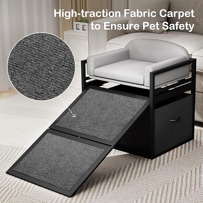 Pet Stairs Ramp Doggie Stairs with Seat & Storage Drawers,Extra Wide Seat Mate Chair Puppy for High Bed Couch Office,Non Slip Dachshunds,Step for Small Dogs,Cat Ladder Grey(Hold Up to 100 lbs)