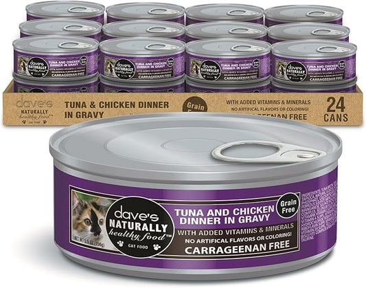 Dave's Pet Food Grain Free Wet Cat Food Gravy (Tuna & Chicken Dinner in Gravy), Naturally Healthy Canned, Added Vitamins, 5.5 oz Cans (24 Pack)