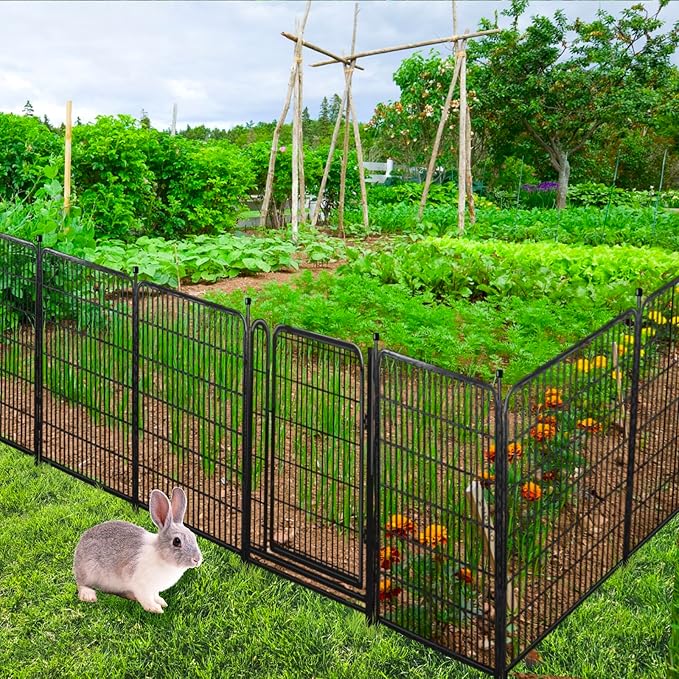 Tall Garden Fences and Borders for Dogs, 4.6ft High Dog Fence, 10 Panels Total 22.1Ft Long, Gate 21 inches Wide with Low Sills, Animal Barrier Fence, Metal Fence Panels, Flower Bed Fencing