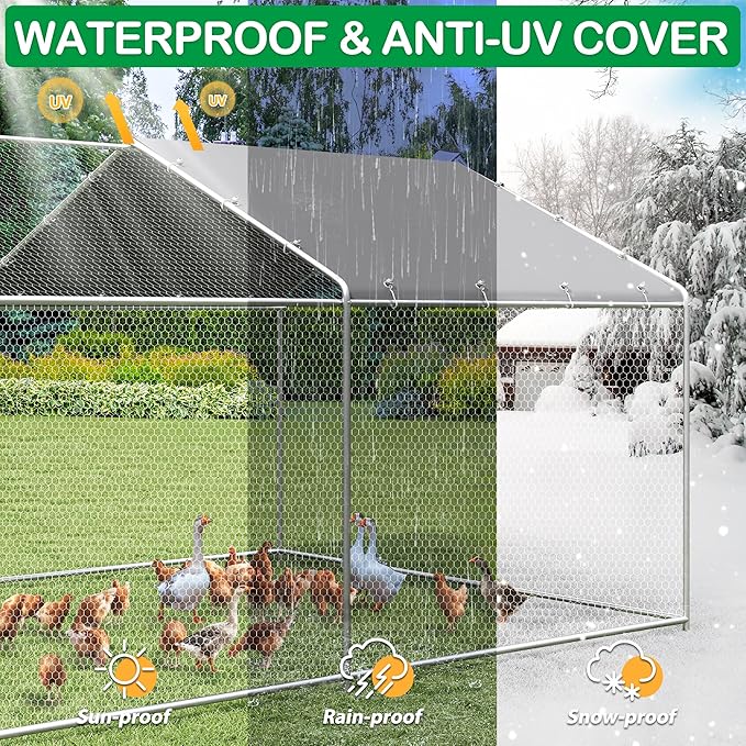 Large Metal Chicken Coop, Walk-in Chicken Run Pen with Waterproof Cover, Spire Roof Poultry Cage Run for Outdoors, Backyard, Farm(9.7'Wx12.99'Lx6.4'H)