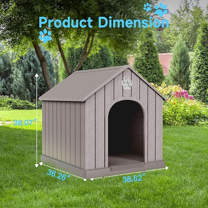Vixzen Large Outdoor Dog House,Durable Water Resistant Resin Dog House,Doghouse for Small to Large Dogs Indoor or Outside,with Openable Windows and Elevated Floor,Gray