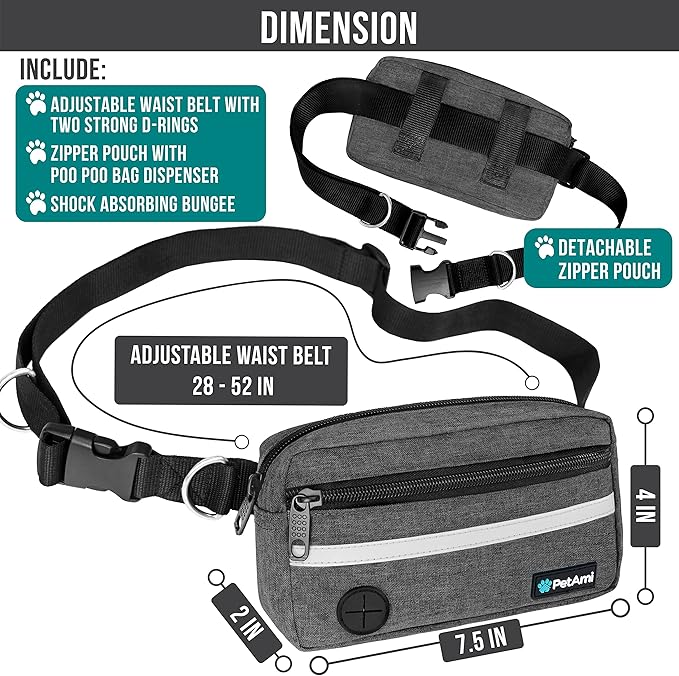 PetAmi Hands Free Dog Leash, Dog Running Leash Belt for Walking, Jogging, Dog Waist Zipper Pouch with Poop Bag Dispenser, Dual Padded Handles, Reflective Durable Bungee Leash, Single, Charcoal Grey