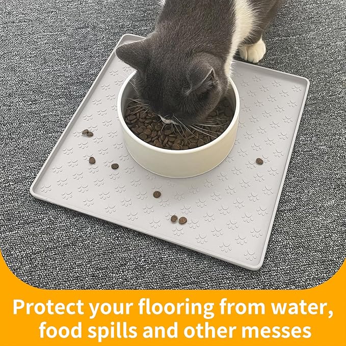 Ptlom Dog Food Mat Anti-Slip Bowl Mats for Food and Water, Waterproof Silicone Pet Placemat with High Raised Edges, Non-Slip Puppy Feeding Tray for Small, Medium Large Cats Dogs, Cream, 11.8"x11.8"