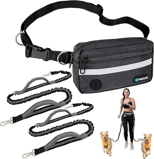PetAmi Hands Free Dog Leash, Dog Running Leash Belt for Walking Jogging, Dog Waist Zipper Pouch Fanny Pack with Poop Bag Dispenser, Dual Padded Handle Bungee Leash for Small Medium Large Dogs, Double