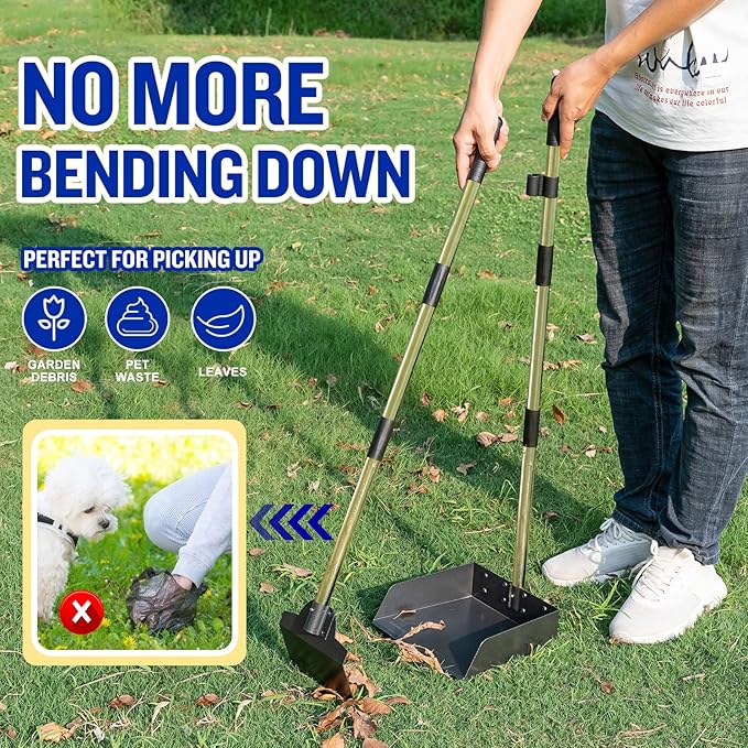 Pooper Scooper for Large Dogs, Adjustable Long Handle Metal Tray and Spade Poop Scooper for Dogs with Bin for Pet Waste Removal, No Bending Clean Up Pooper Scooper for Medium and Large Dogs