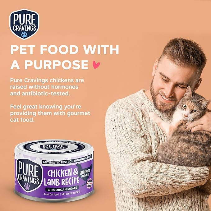 Chicken and Lamb Recipe in Broth, Shredded Wet Cat Food, Grain-Free Protein, Non-GMO, 12 Pack