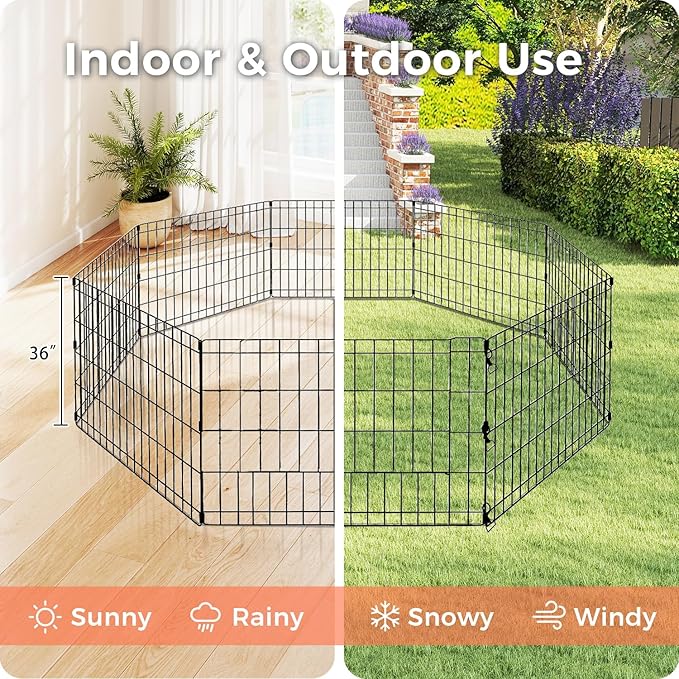 Foldable Dog Playpen 36" Height 8 Panels Metal Exercise Pen No Door - Indoor/Outdoor Dog Play Pen for Small-Medium Dogs, Portable Pet Fence for Yard Garden Camping, Black