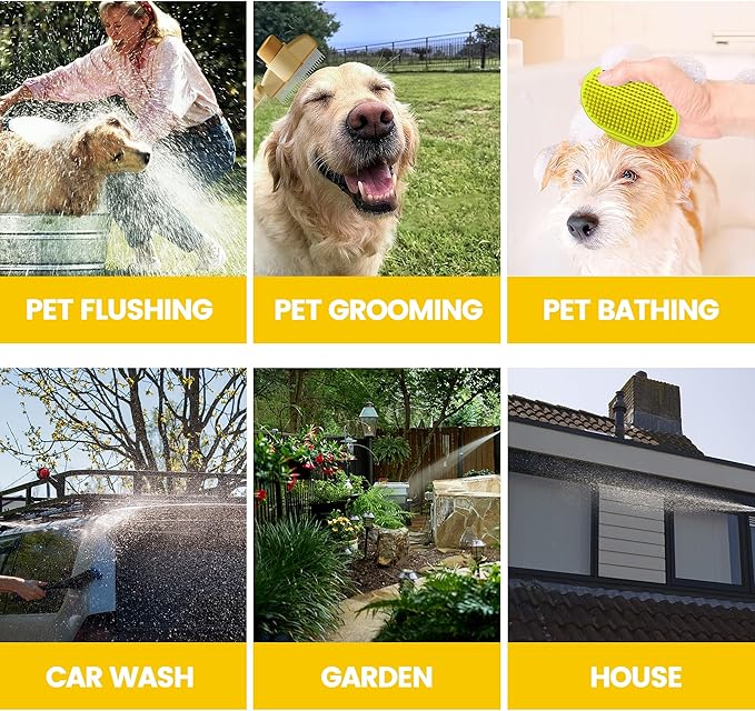 Dog Washing Hose Attachment, 10-in-1 Soap Sprayer Moden Garden Hose Nozzle with 100cc Soap Dispenser, Dog Wash Supplies with Dog Bath Brush & Pet Comb, Foam Gun Car Wash Sprayer (Yellow)