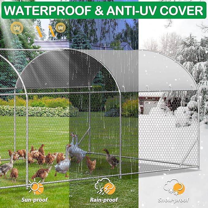 Large Metal Chicken Coop, Walk-in Chicken Run Pen with Waterproof Cover, Dome Roof Poultry Cage for Outdoor, Backyard, Farm (8.96'Wx18.9'Lx6.4'H)