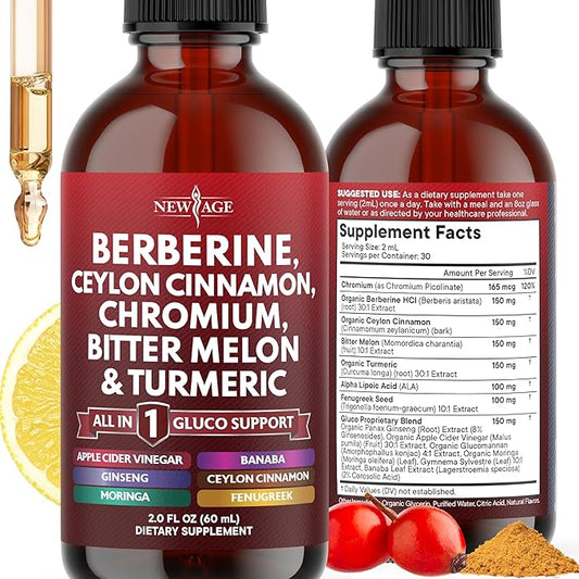 Berberine with Ceylon Cinnamon Supplement Liquid Drops + Bitter Melon Extract, Glucomannan, Gymnema, Chromium, Turmeric, Panax Ginseng, Moringa - 2 OZ