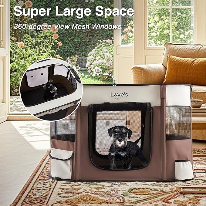 Love's cabin Pet Puppy Dog Playpen, Medium Dog Tent Crates Cage Indoor/Outdoor, Portable Exercise Playpen for Cat, Foldable Pop Up Dog Kennel Playpen with Carring Case (M, Brown)