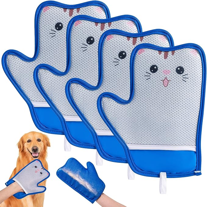 Haiou 4 Pcs Pet Hair Removal Gloves Washable, Magic Brush Reusable Grooming Gloves for Dogs, Cats on Furniture, Beds, Cars Quick Fur Remover Tool