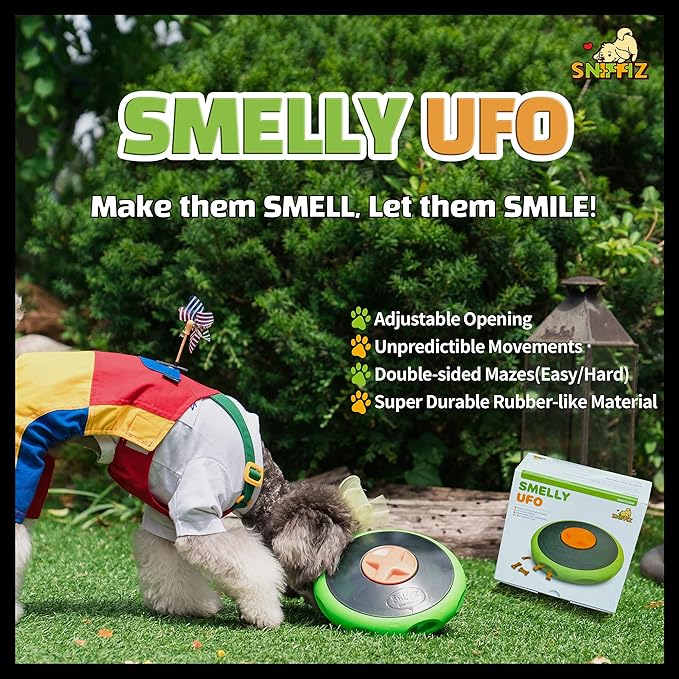 SmellyUFO Durable Interactive Treat Dispensing Puzzle/Enrichment Toy for Dogs - Mind Stimulating Food Game/Slow Feeder/Wobble Toy - from Small Puppies to Large Dogs