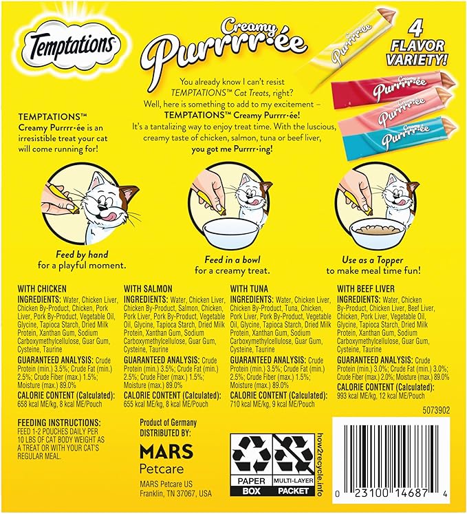 Temptations Creamy Puree Variety Pack of Lickable Cat Treats, 0.42 oz. Tubes, 48 Count