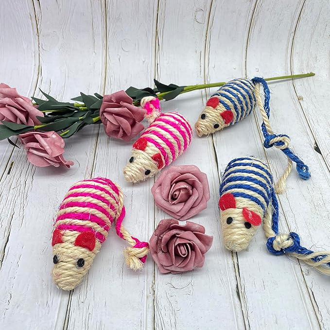 LUOZZY 4Pcs Cat Mouse Toys Adorable Sisal Mice Toys Kitten Chewing Toy Funny Indoor Animal Shape Props Pet Supplies - Blue+Pink 1.38x5.11in