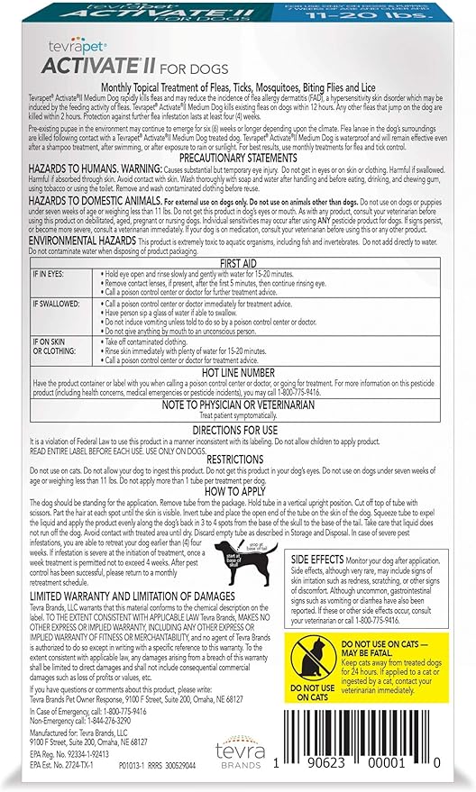 TevraPet Activate II Flea and Tick Prevention for Dogs | 4 Count | Medium Dogs 11-20 lbs | Topical Drops | 4 Months Flea Treatment