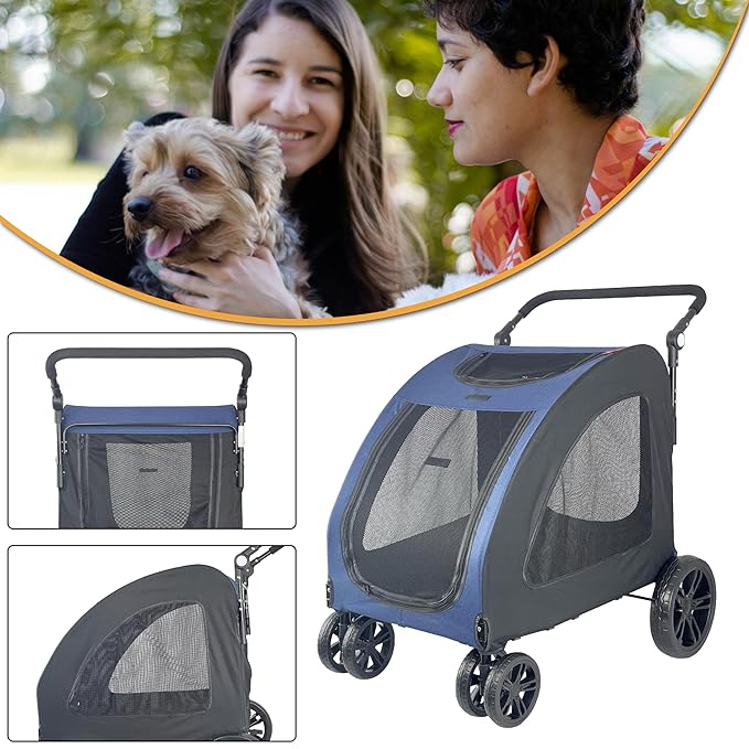 Extra Large Dog Stroller for Medium & Large Pets - Foldable Design, Adjustable Handle, Up to 130 lbs(Blue)