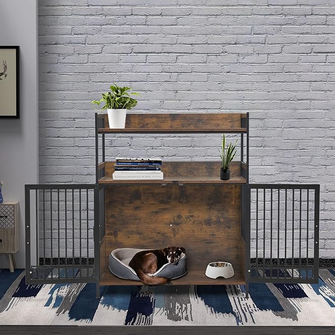 MCombo Furniture Style Dog Crate with Storage Shelves, Heavy Duty Wooden Dog Cage End Table, Triple Doors Pet House Indoor, 1368 (Brown)