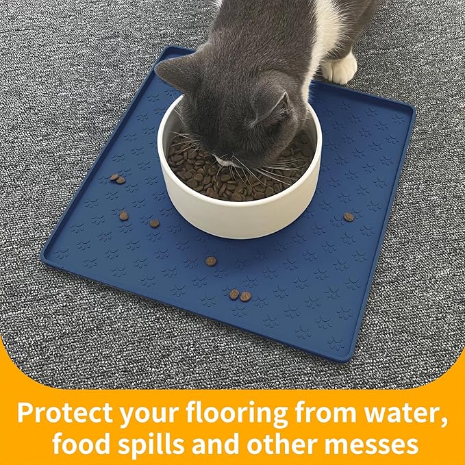 Ptlom Pet Placemat for Dog and Cat, Waterproof Non-Slip Silicone Feeding Bowl Mat Prevent Food and Water Overflow, Puppy Dish Feeder Fountain Trays Suitable for Medium and Small Pets, Navy Blue