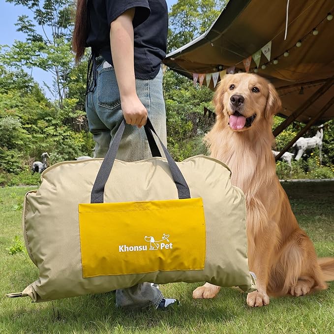 Portable Waterproof Dog Mat for Camping, Patio & Travel - Foldable Outdoor Dog Bed with Teflon Shell & Removable Plush Pad - Easy Clean, Durable - L (Denime Blue)