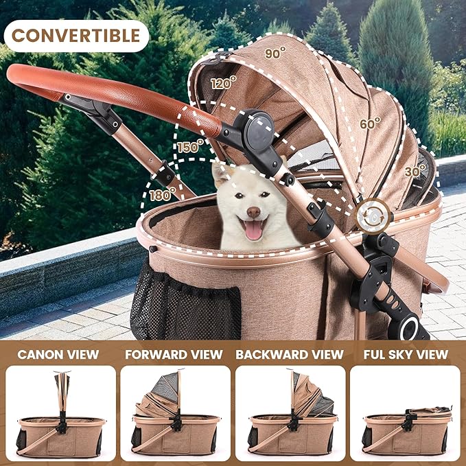 Pet Stroller with 4 Wheels, Foldable Pet Travel Carrier for Small/Medium Dogs Cats up to 50lbs, Detachble Portable Pet Bag, Storage Basket, Car Seat 3 in 1 Multifunctional (Tan)