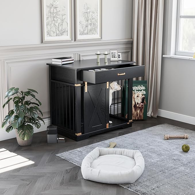LZUUOB 37.8'' Dog Crate Furniture with Storage Drawer, Decorative Wooden Dog Kennel with Sliding Barn Door, Indoor Water Resistant Cage for Pet, Small, Medium, Large Dog (Black Gold Oak)