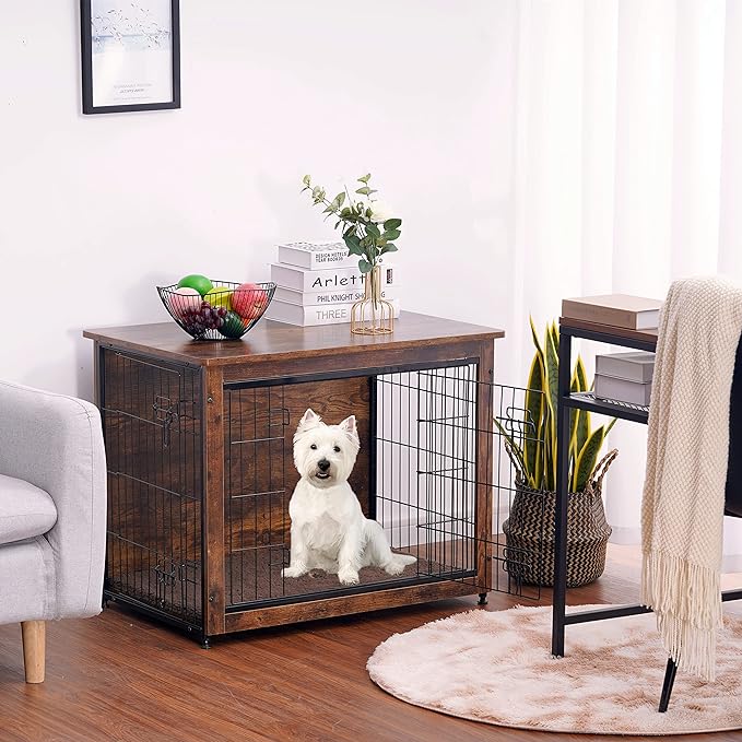 DWANTON Dog Crate Furniture with Cushion, Wooden Kennel Table with Double Doors, Indoor Dog House, Small/Medium/Large/Extra Large Size, 27.2" L, Rustic Brown